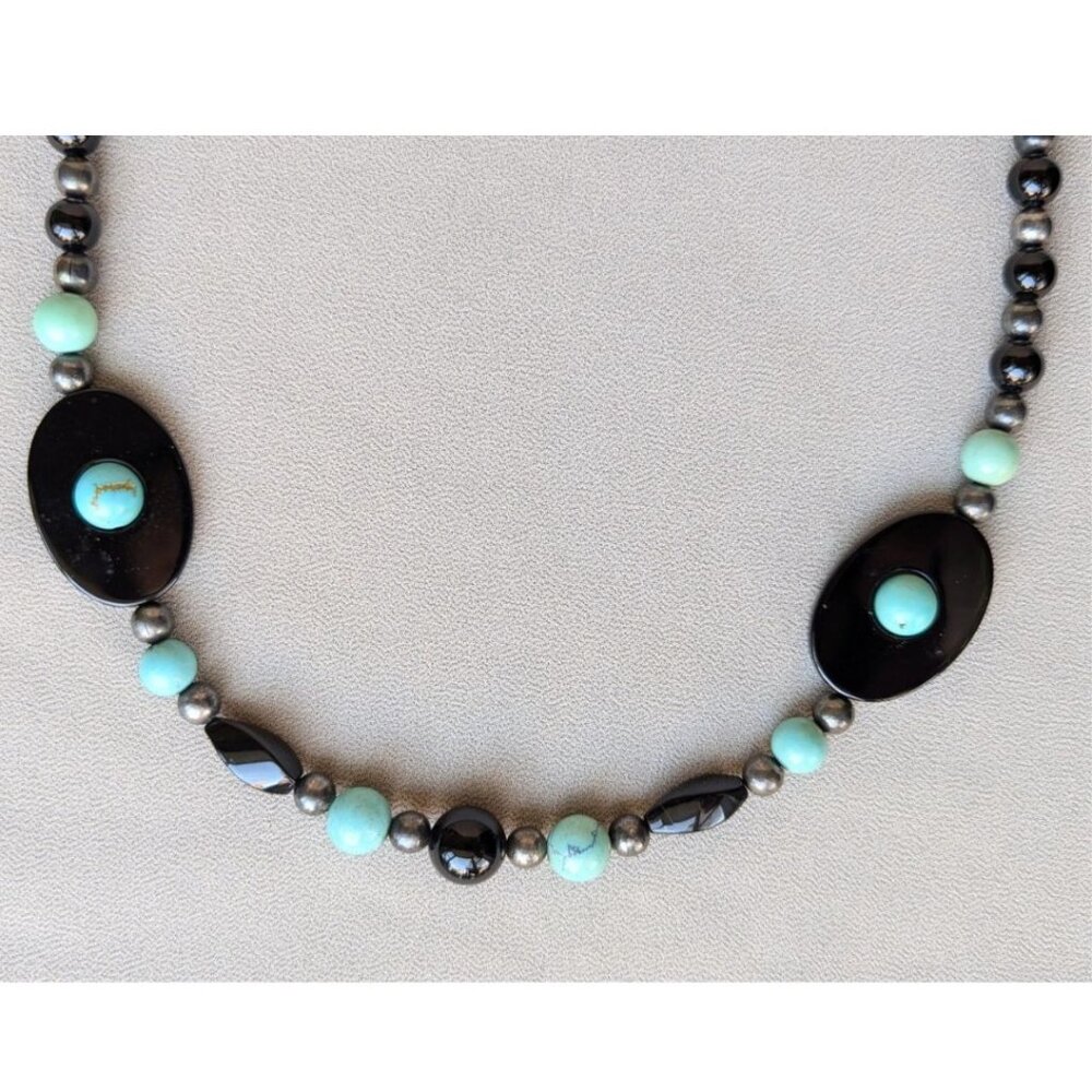 Vintage Judie Ingram Natural Stone Necklace Turquoise and Onyx
